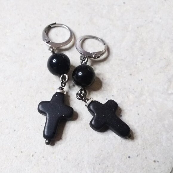 Earring + Bracelet Set! Glossy Black Stone Beads + Cross! Loss Grief Bereavement - Picture 3 of 10